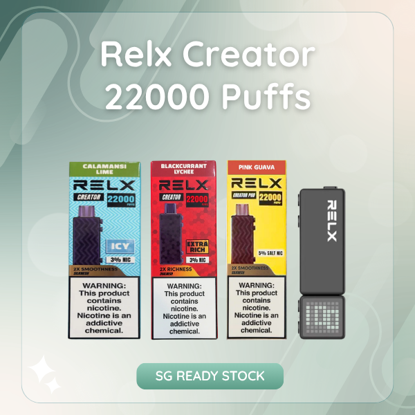 Relx Creator 22000 Puffs disposable vape with smart pixel screen display